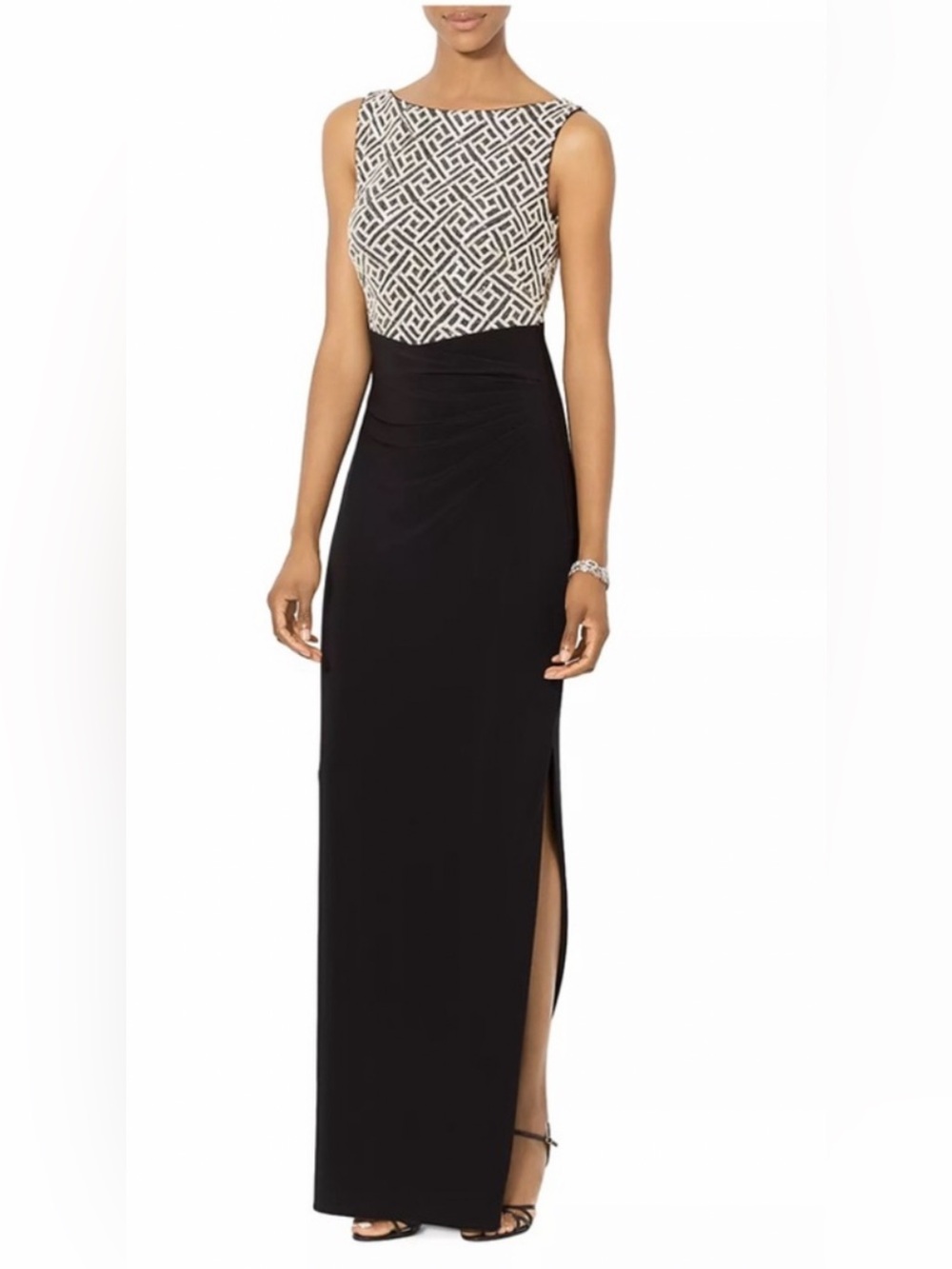 LAUREN RALPH LAUREN Black Full Length Evening Dress with Silver/Black Sequins 10